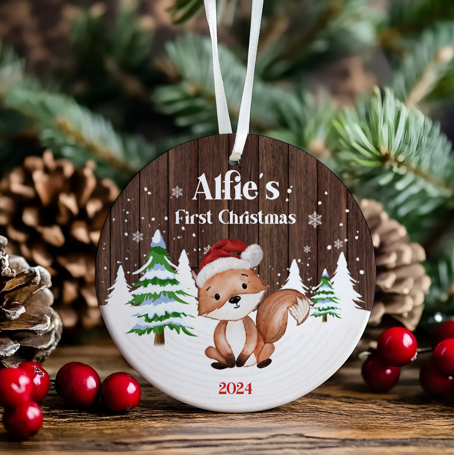 First Christmas Fox Design Personalised Hanging Bauble