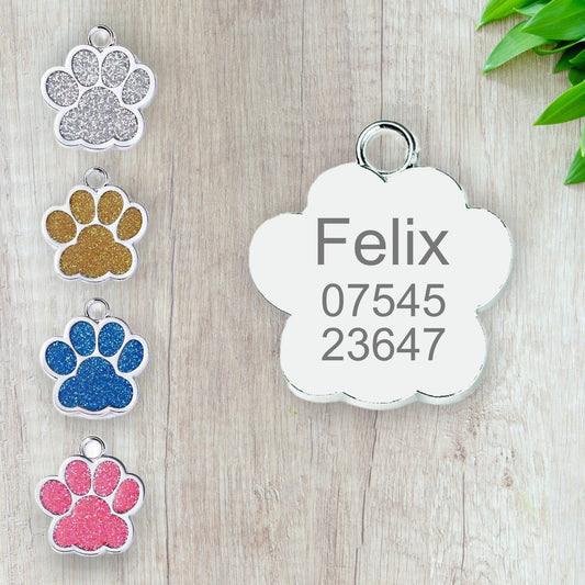 Engraved Glitter Paw Print Pet Tag